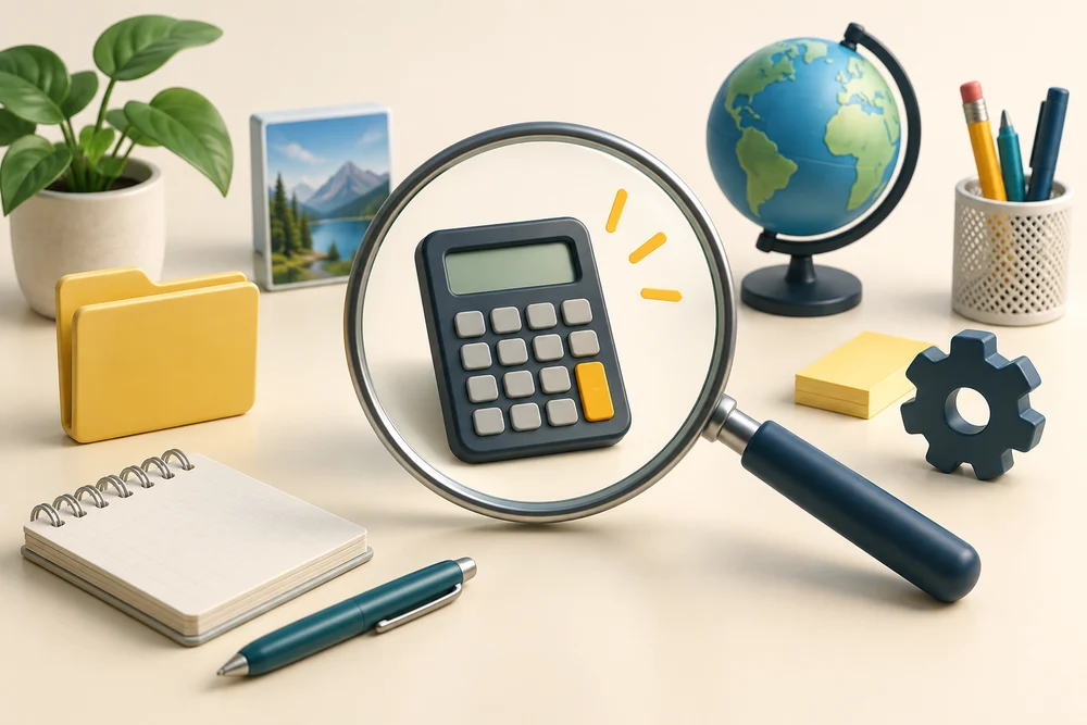 A magnifying glass locates a calculator among other computer-related objects.