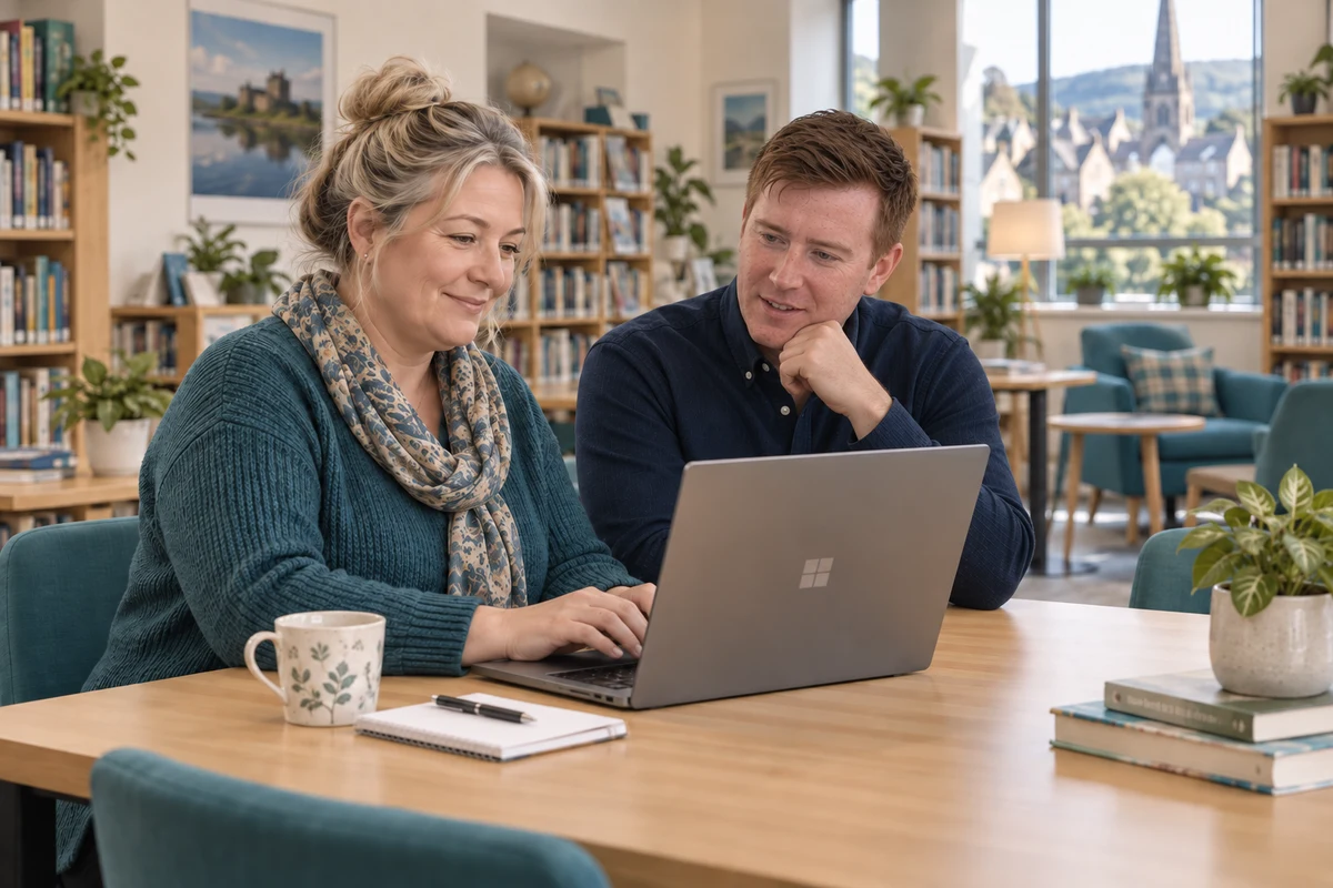Generated scene showing Euan supporting a learner at a library table.
