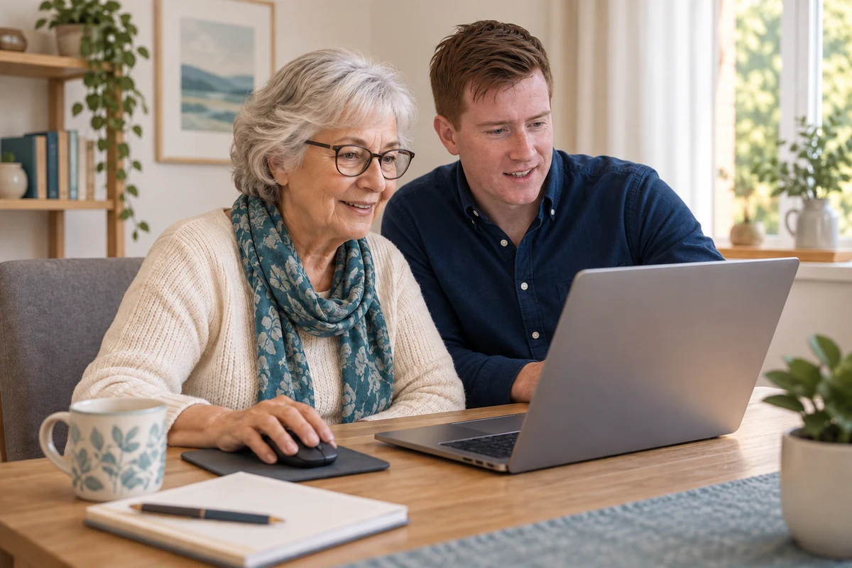 Generated illustration showing Euan helping a learner at a laptop.